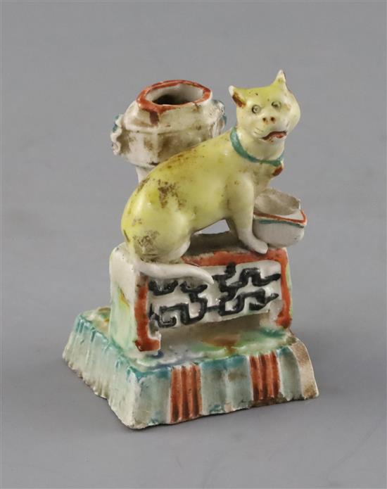 A Chinese enamelled porcelain cat joss-stick holder, 18th century, H. 7cm